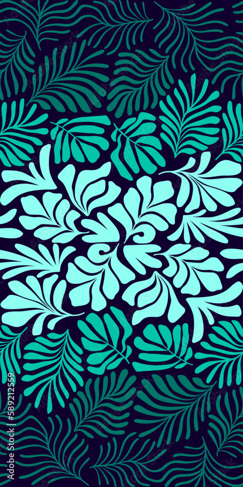 Turquoise green abstract background with tropical palm leaves in Matisse style. Vector seamless pattern with Scandinavian cut out elements. Turquoise green abstract background with tropical palm leaves in Matisse style. Vector seamless pattern with Scandinavian cut out elements.