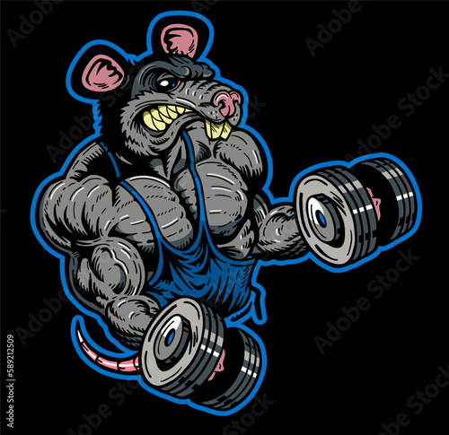 angry gym rat mascot lifting weights for school, college or league sports