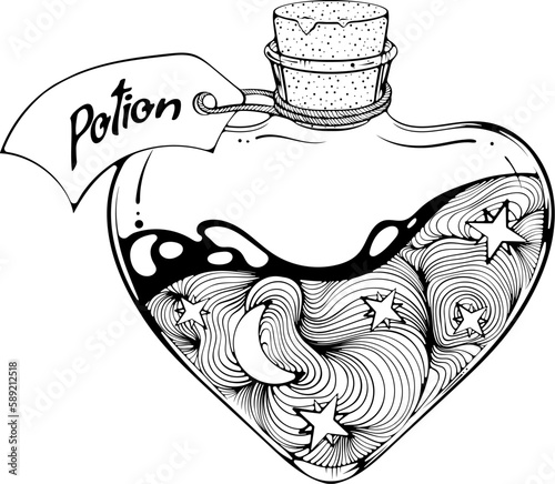 Heart shaped vial with magic liquid or potion and label. Bottle for a poison or alchemy with a cork. Vector illustrations in hand drawn sketch style isolated on white. Black outline graphics for print