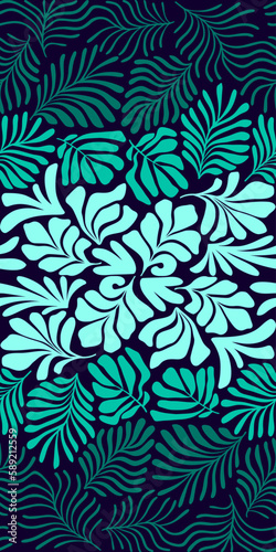 Turquoise green abstract background with tropical palm leaves in Matisse style. Vector seamless pattern with Scandinavian cut out elements.