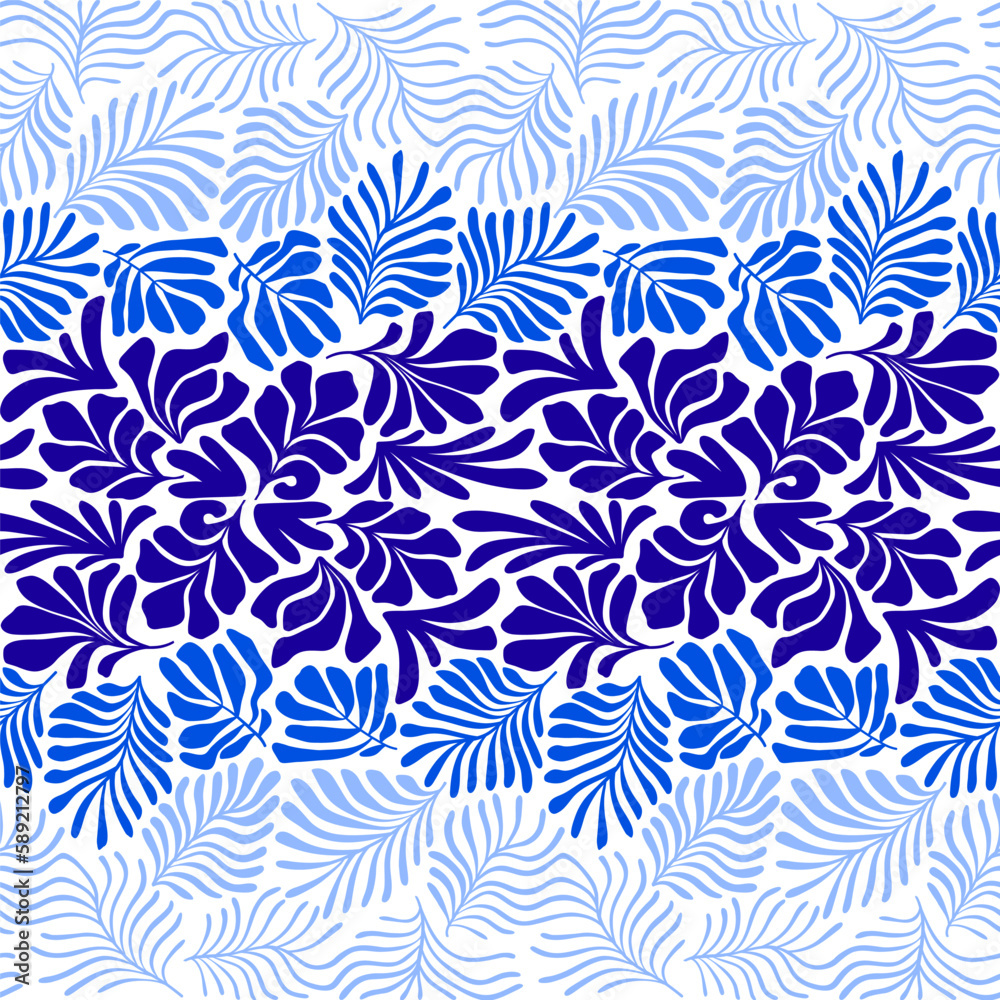 Blue white abstract background with tropical palm leaves in Matisse style. Vector seamless pattern with Scandinavian cut out elements. Blue white abstract background with tropical palm leaves in Matisse style. Vector seamless pattern with Scandinavian cut out elements.