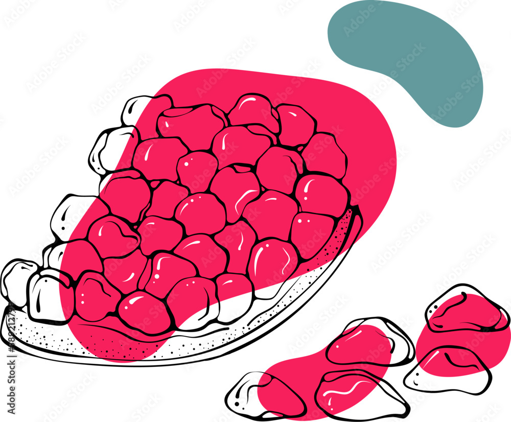 Piece of pomegranate with seeds outline. Stylish sketch with abstract colored spots. Black lines with stain, blot. Vector hand drawn modern illustration isolated on white. Fruit design for print, logo Piece of pomegranate with seeds outline. Stylish sketch with abstract colored spots. Black lines with stain, blot. Vector hand drawn modern illustration isolated on white. Fruit design for print, logo