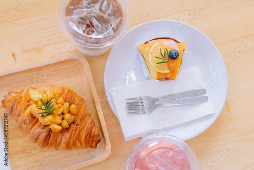Croissant Bakery homemade on the table breakfast tray with gold and crispy