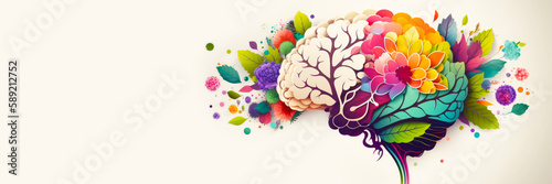 Human brain with spring colorful flowers. World Mental Health day banner. Concept of mental health, self care, happiness, harmony, positive thinking, creative mind. Generative ai.