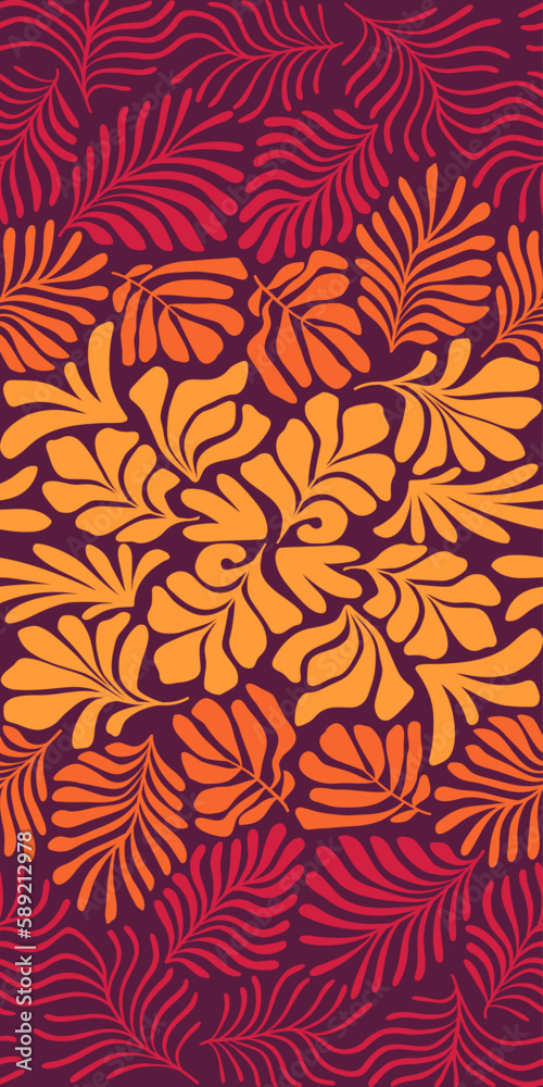 Red orange abstract background with tropical palm leaves in Matisse style. Vector seamless pattern with Scandinavian cut out elements. Red orange abstract background with tropical palm leaves in Matisse style. Vector seamless pattern with Scandinavian cut out elements.