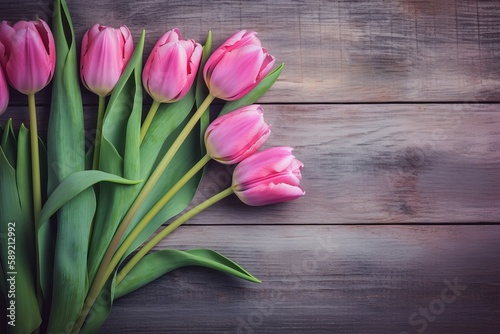 Bouquet of pink tulips on vintage wooden background,
