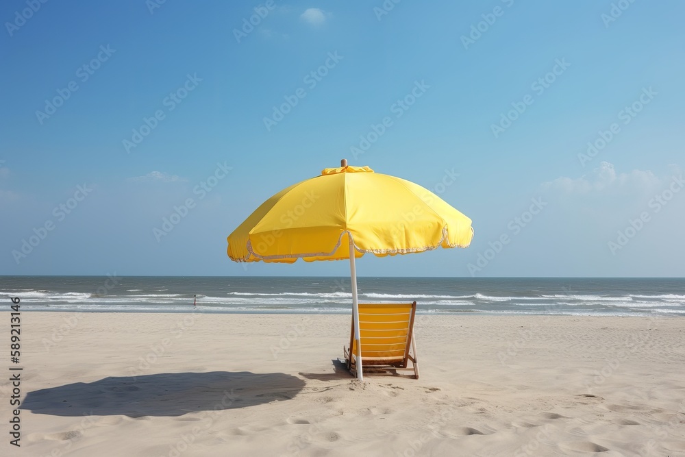 Yellow umbrella and beach background with empty yellow sunbeds.