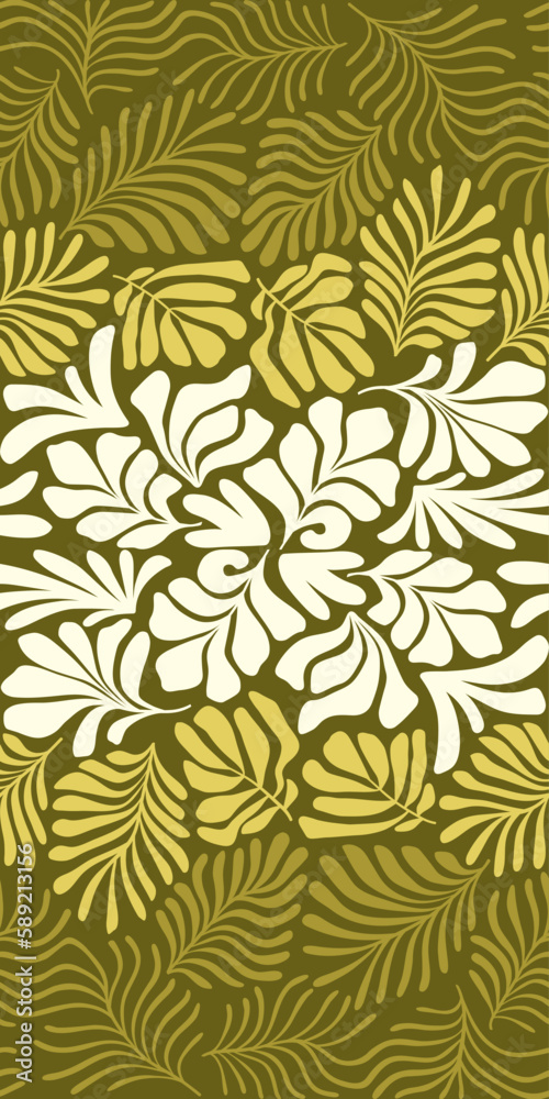 Khaki yellow abstract background with tropical palm leaves in Matisse style. Vector seamless pattern with Scandinavian cut out elements. Khaki yellow abstract background with tropical palm leaves in Matisse style. Vector seamless pattern with Scandinavian cut out elements.