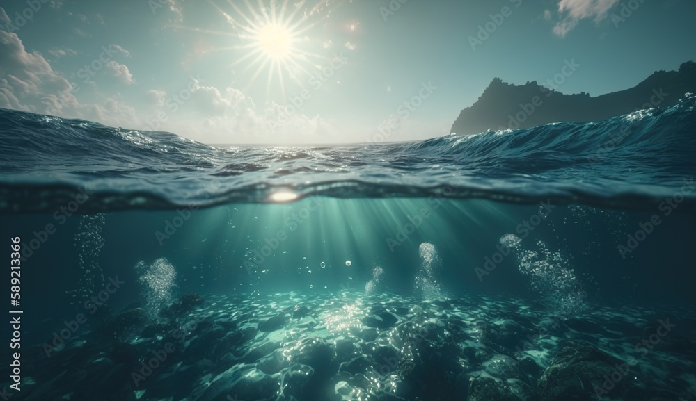 Under water sea sunlight , ultrawide shot. Generative AI