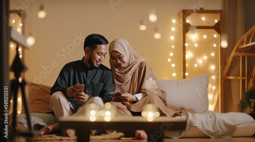  happy malay couple muslim watching online content via smartphone. Both of them sitting on the sofa in the house with cinematic lighting.