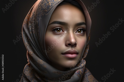 Portrait of traditional Asian woman in hijab fashion.;