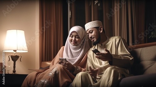  happy malay couple muslim watching online content via smartphone. Both of them sitting on the sofa in the house with cinematic lighting.