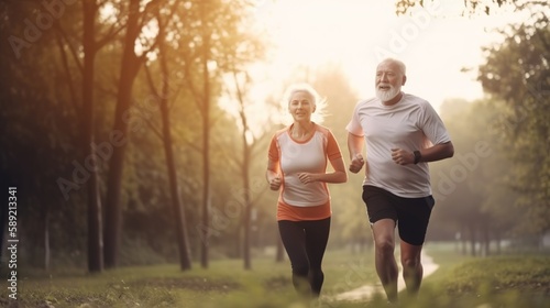 Elderly couple happily jogging together. Generative AI