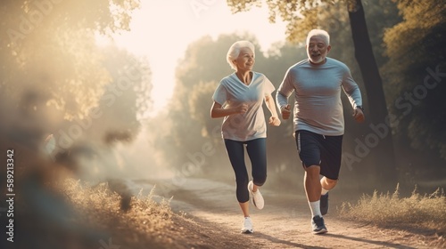 Elderly couple happily jogging together. Generative AI