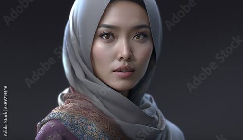 Portrait of traditional Asian woman in hijab fashion.;