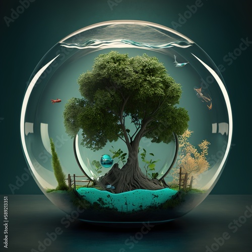 Tree inside a glass bowl. Generative AI.