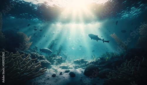 Under water sea sunlight   ultrawide shot. Generative AI