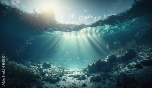 Under water sea sunlight , ultrawide shot. Generative AI