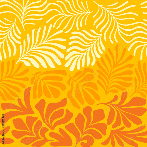 Yellow orange abstract background with tropical palm leaves in Matisse style. Vector seamless pattern with Scandinavian cut out elements.