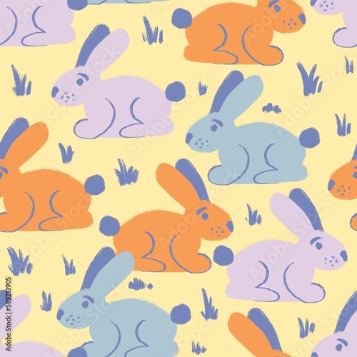 Hand drawn seamless pattern with orange blue purple Easter rabbit bunnies. Cute bunny in spring grass garden, funny cartoon kids children nursery farm animal print.