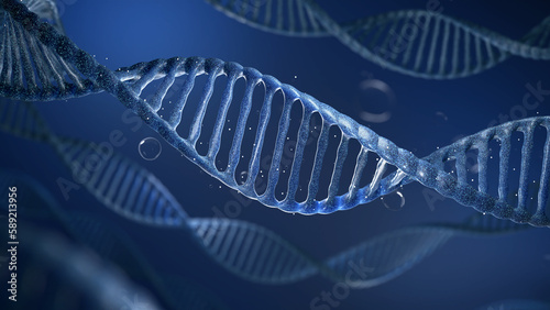 DNA with bubble on dark blue background metaphor biotechnology, stem cell and human longevity. 3D rendering