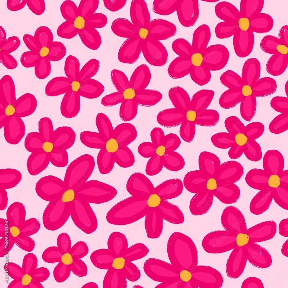 Hand drawn seamless pattern with hot hyper pink daisy flowers on pink background. Simple minimalist floral print in cartoon boho bohemian style, spring garden nature plant, romantic trendy bloom.