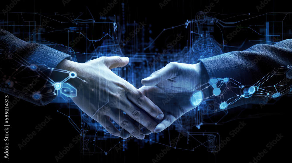 Fototapeta premium Hands shake business futuristic concept, AI generated