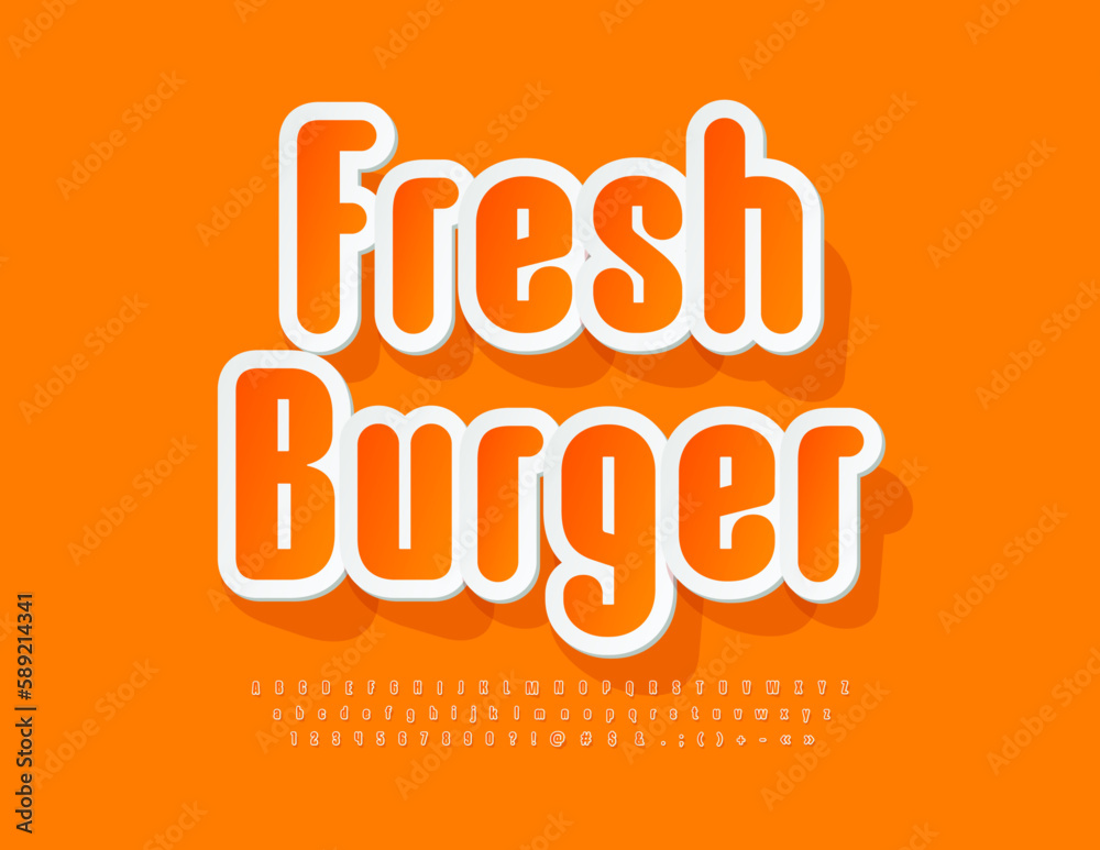 Vector artistic poster Fresh Burger. Brght Orange Font. Creative Sticker Alphabet Letters and Numbers set