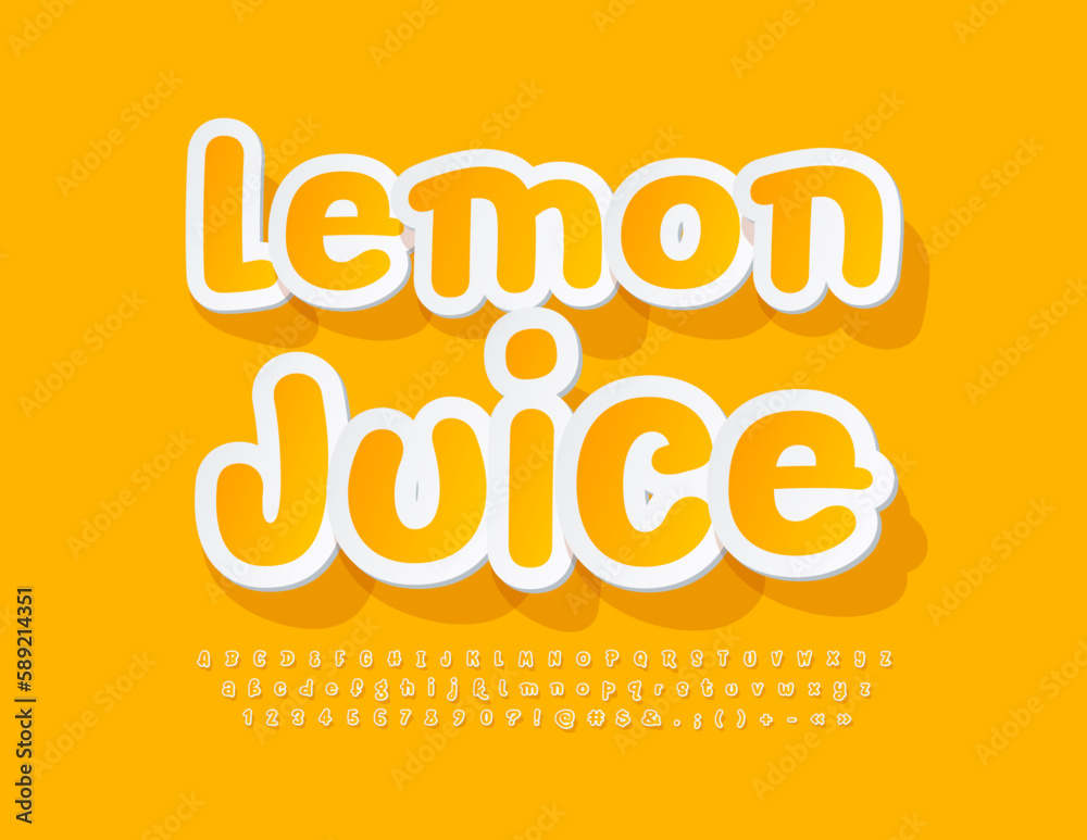 Vector creative emblem Lemon Juice. Yellow sticker Font. Funny Alphabet Letters and Numbers set Vector creative emblem Lemon Juice. Yellow sticker Font. Funny Alphabet Letters and Numbers set