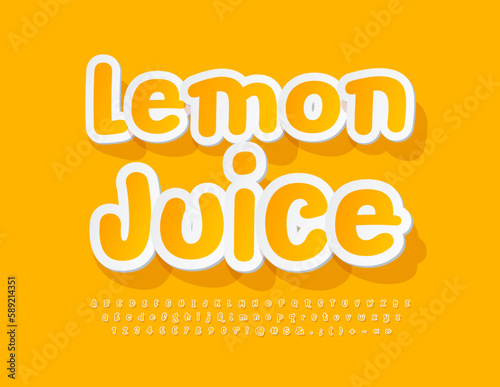 Vector creative emblem Lemon Juice. Yellow sticker Font. Funny Alphabet Letters and Numbers set 