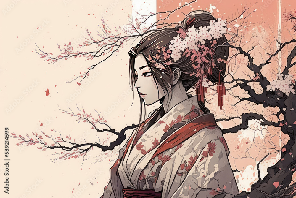 Fototapeta premium Geisha woman, Sakura, illustration, Japanese painting style, AI generated