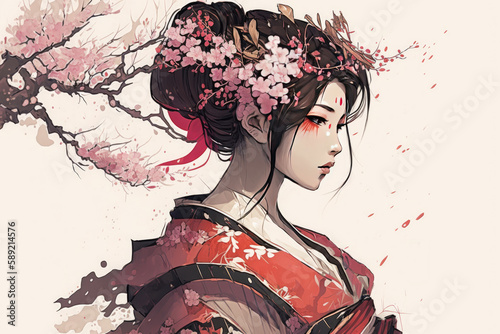 Fototapet Geisha woman, Sakura, illustration, Japanese painting style, AI generated