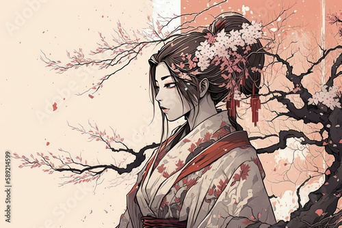 Geisha woman, Sakura, illustration, Japanese painting style, AI generated