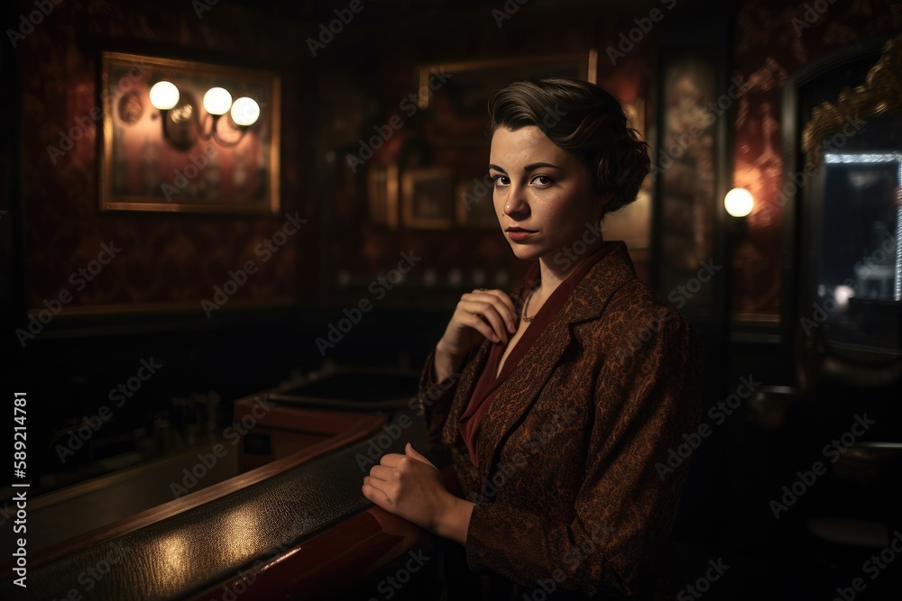 Beautiful young woman in vintage suit in vintage bar, AI generated