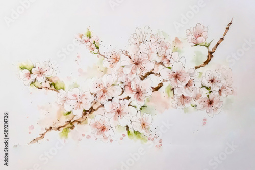 Watercolor painting of cherry blossom flowers on a white background, AI generated © Nattawat