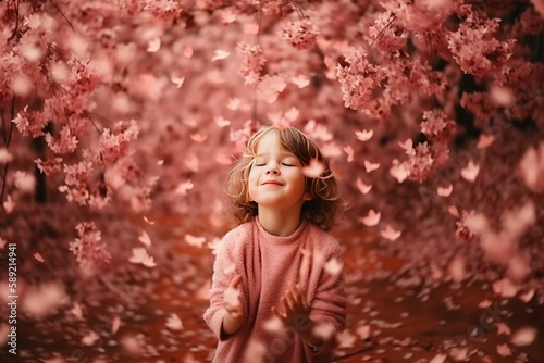 Happy adorable little girl wearing cute sweater standing under a blooming Sakura tree, pink petals scattered on the ground, joyful, natural beauty, generative AI
