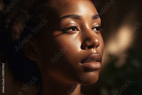 Fashion portrait of young beautiful glowing skin African woman model, skin care, emphasizing the natural beauty and radiance of healthy skin, AI generated