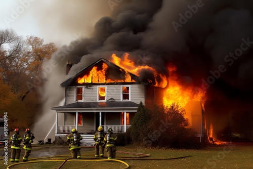 Burning house. Burning roof. Building on fire. Firefighters fighting against fire. Generative AI