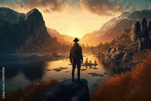 Back view of man standing on the rock at the river around the mountains at sunset, silhouette, generative AI © Nattawat