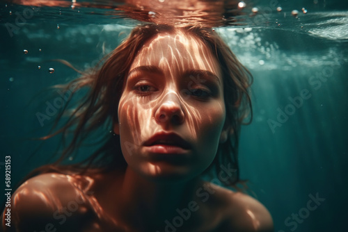 A girl with her head underwater, in the style of smooth and polished, light teal and light red, warmcore, slumped, made with Generative AI.