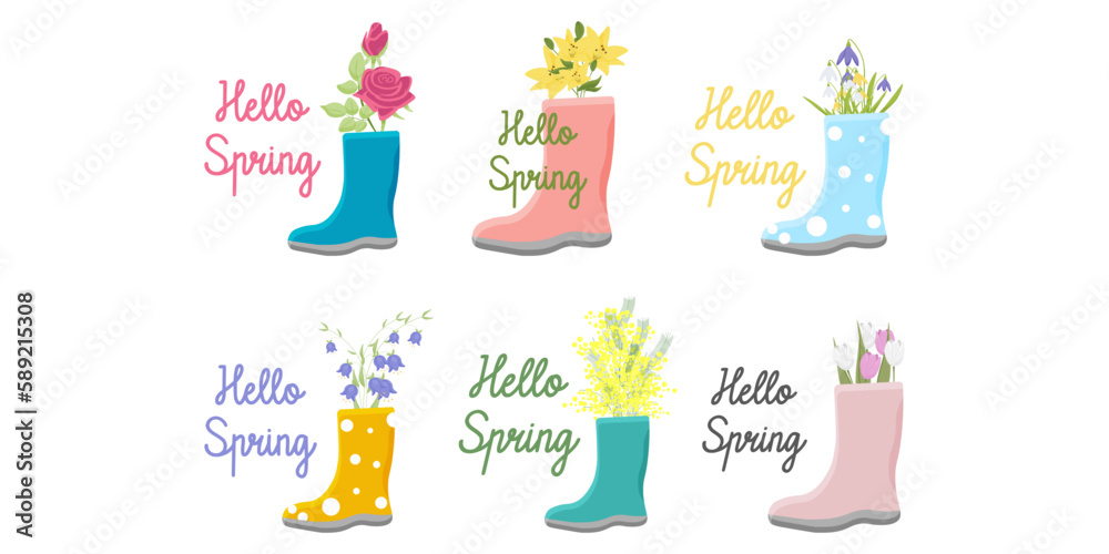 set of cute rubber boots with flowers. The inscription Hello Spring. Vector illustration set of cute rubber boots with flowers. The inscription Hello Spring. Vector illustration