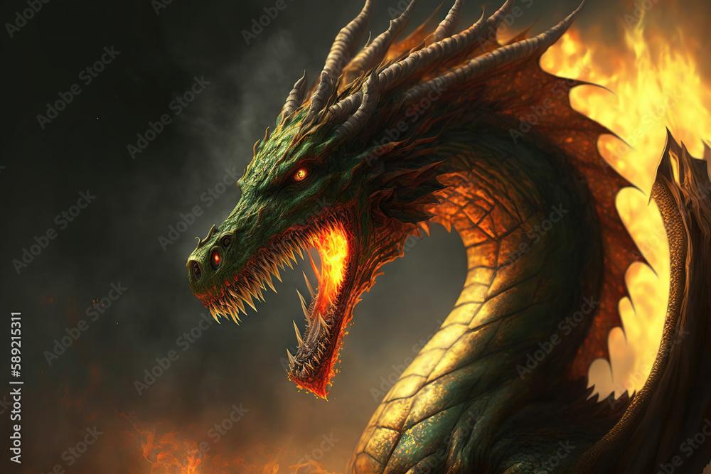 Old ancient fire dragon glowing eyes thick scales dragon mouth