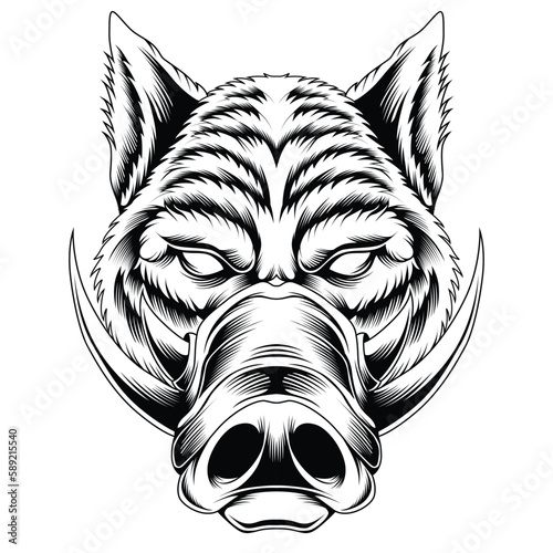 Wild hog tattoo style in black and white