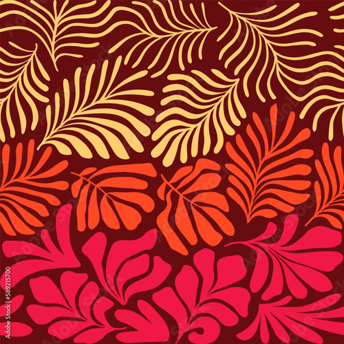 Red yellow abstract background with tropical palm leaves in Matisse style. Vector seamless pattern with Scandinavian cut out elements.