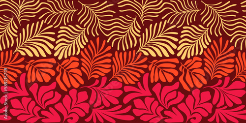 Red yellow abstract background with tropical palm leaves in Matisse style. Vector seamless pattern with Scandinavian cut out elements.