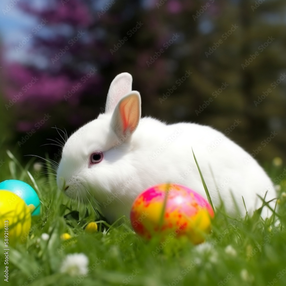 Fototapeta premium Ein Hase auf einer grünen Wiese mit bunten Ostereiern Generative Ai Ki