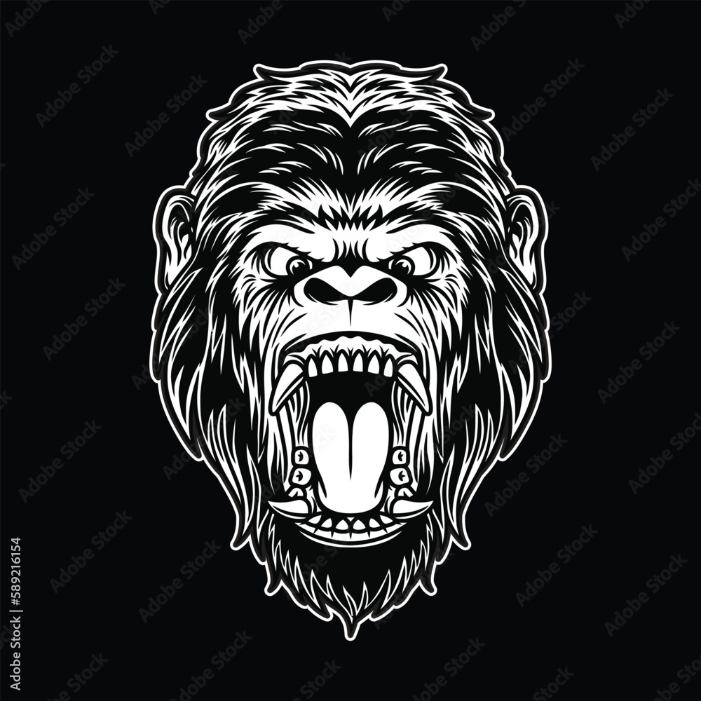 Gorilla head mascot Black and White illustration