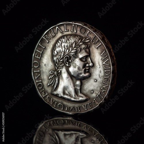 Silver Roman coin depicting Roman Emperor, ai generative