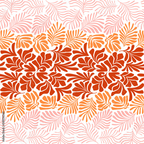Orange pink abstract background with tropical palm leaves in Matisse style. Vector seamless pattern with Scandinavian cut out elements.