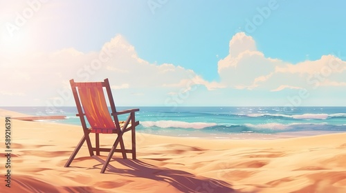 Beach chair on beautiful beach. Sunny day on a ocean shore. Travel paradise concept. Generative AI